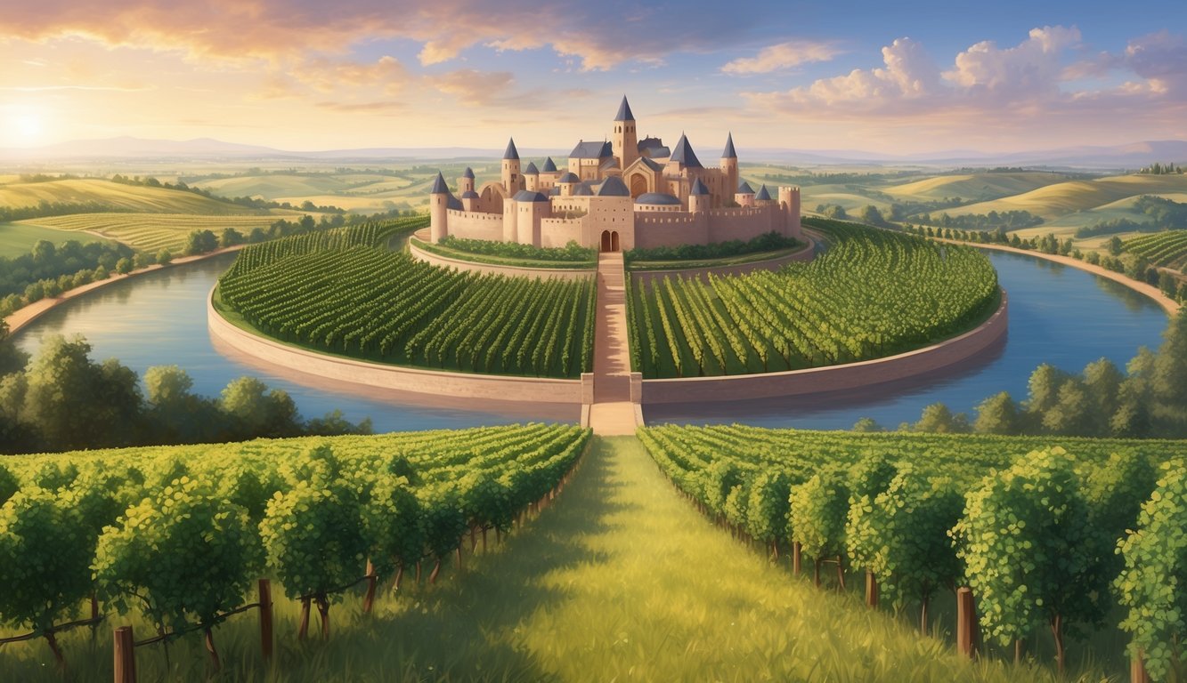 A peaceful kingdom with bountiful fields and flourishing vineyards, symbolizing the prosperity of Jehoshaphat's later years