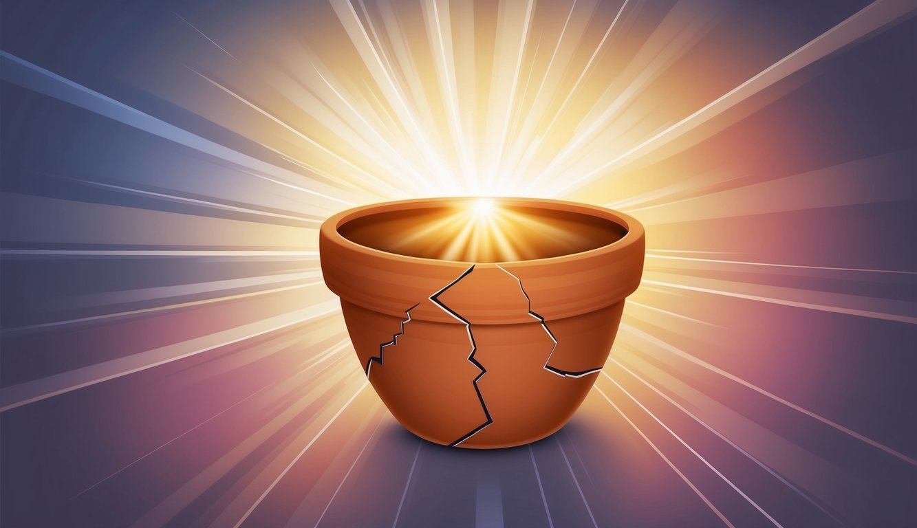 A radiant light shining through a cracked and mended clay pot, symbolizing transformation and renewal