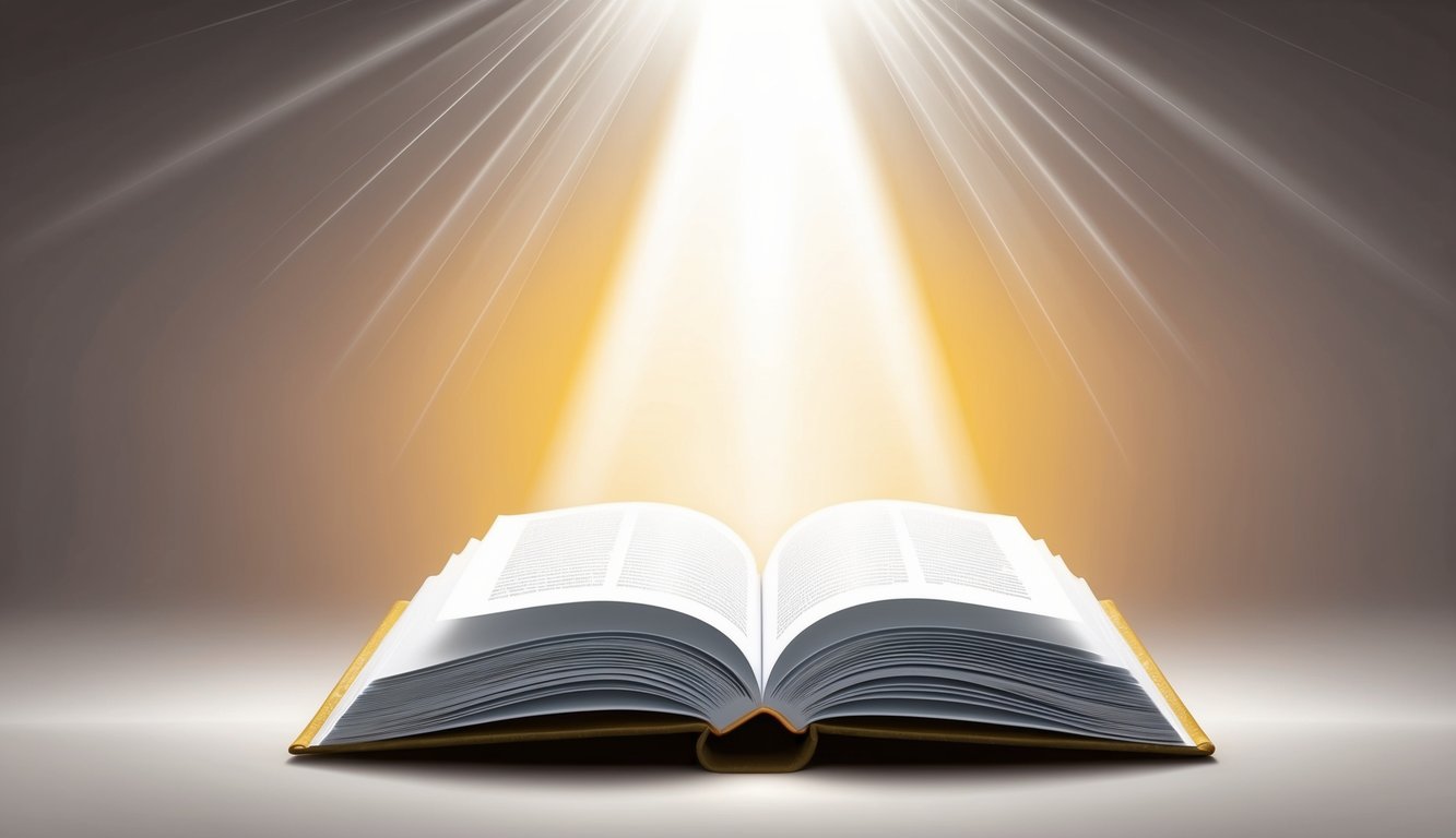 A bright beam of light shining down onto an empty, open book, surrounded by a halo of radiance