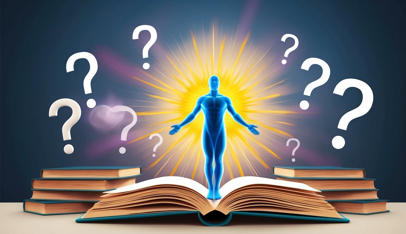 A radiant figure surrounded by question marks and open books, symbolizing enlightenment and understanding