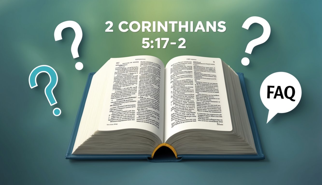 A serene, open book with 2 Corinthians 5:17-2 displayed, surrounded by question marks and a FAQ sign