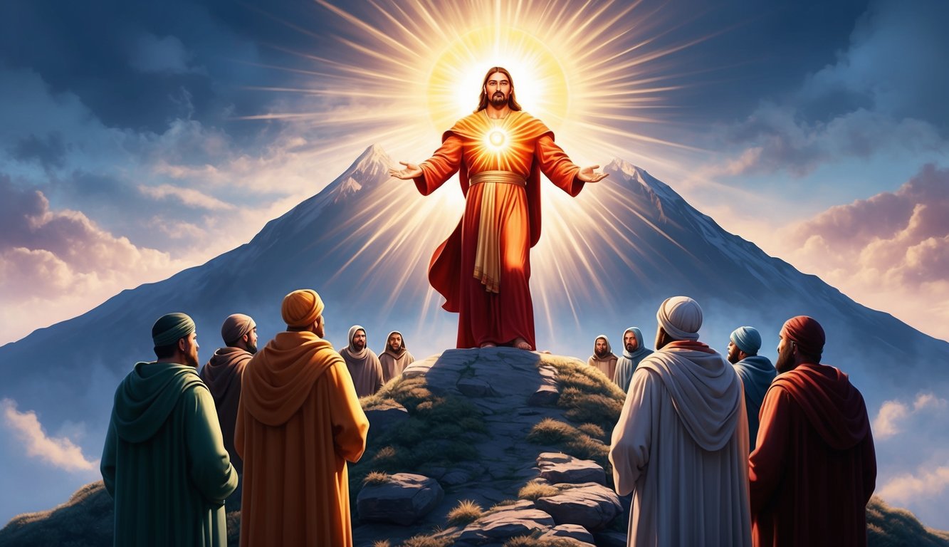 A radiant figure stands on a mountain, surrounded by a group of followers, exuding power and authority