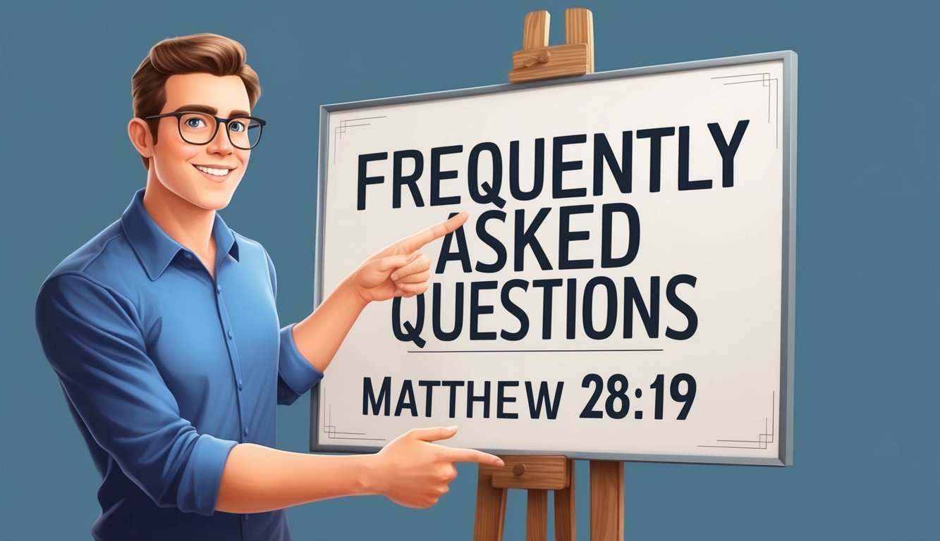 A person pointing to a sign with the words "Frequently Asked Questions" and the reference "Matthew 28:19" displayed prominently