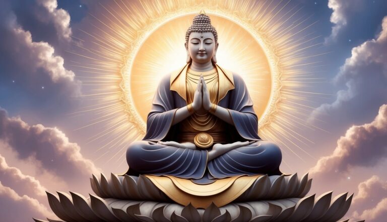 Buddha statue in lotus position with golden halo and clouds