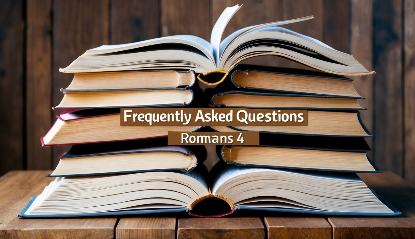 A stack of open books with the title "Frequently Asked Questions Romans 4" on a wooden table