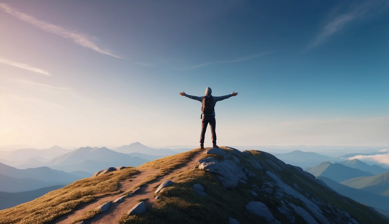 A solitary figure stands on a mountain peak, arms outstretched toward the sky, surrounded by serene nature