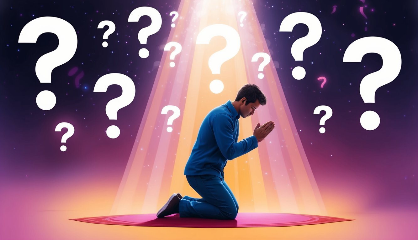 A person kneeling in prayer, surrounded by floating question marks and beams of light