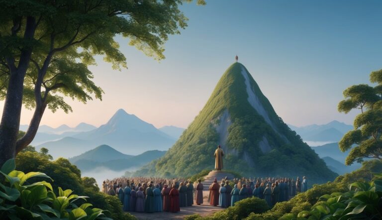 A crowd gathers before a mountain with a figure on top