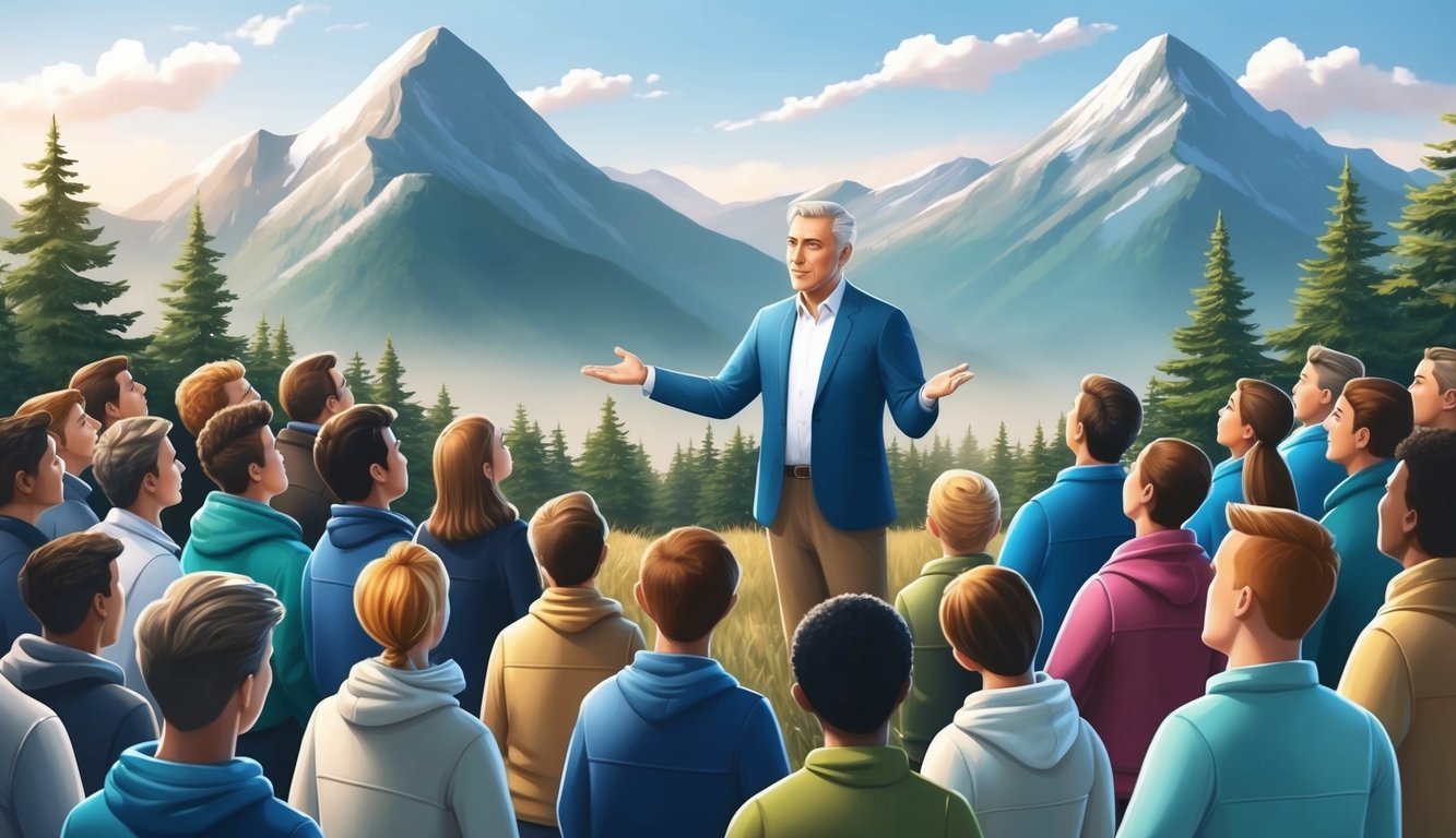 A serene mountaintop with a crowd gathered around a speaker.</p><p>The speaker gestures emphatically, surrounded by nature and a peaceful atmosphere