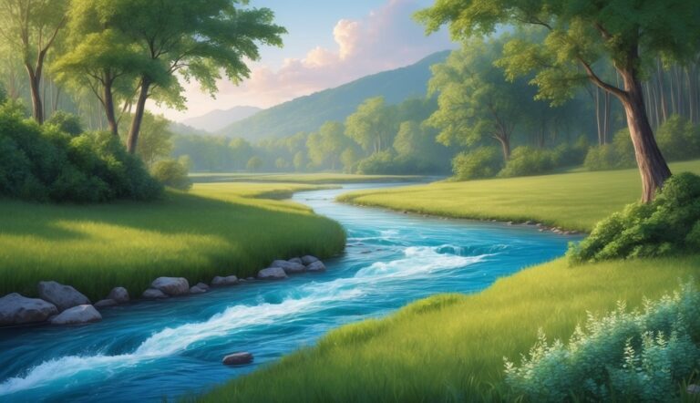 A flowing river through a green meadow with trees and mountains