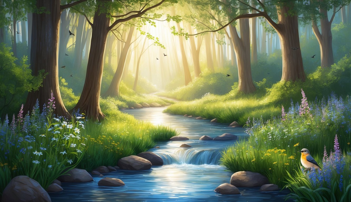 A serene forest stream with sunlight filtering through the trees, surrounded by blooming wildflowers and birdsong