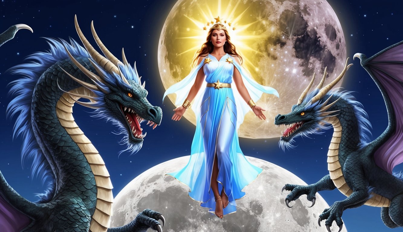 A radiant woman in celestial robes, crowned with stars, stands on the moon.</p><p>A dragon with seven heads and ten horns looms menacingly before her