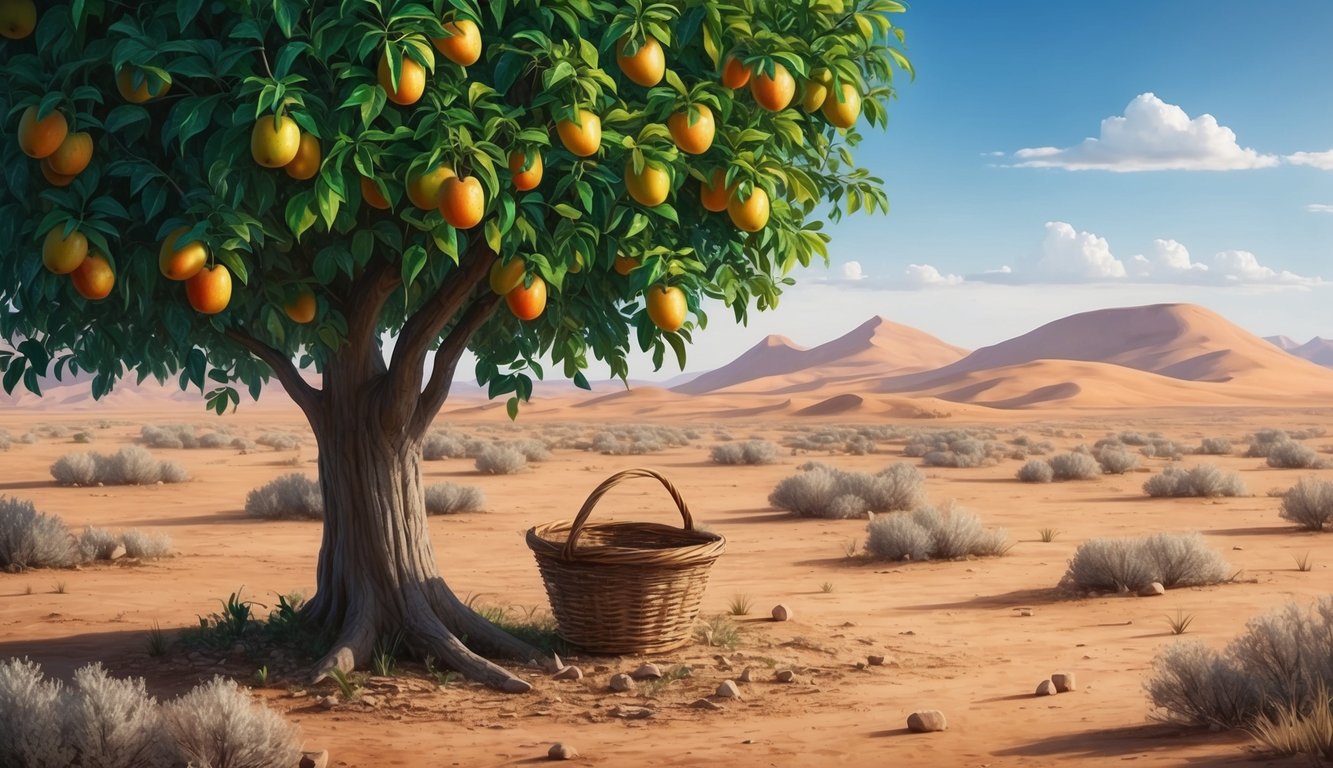 A lush tree bearing fruit with a humble, empty basket underneath, surrounded by a dry, barren land