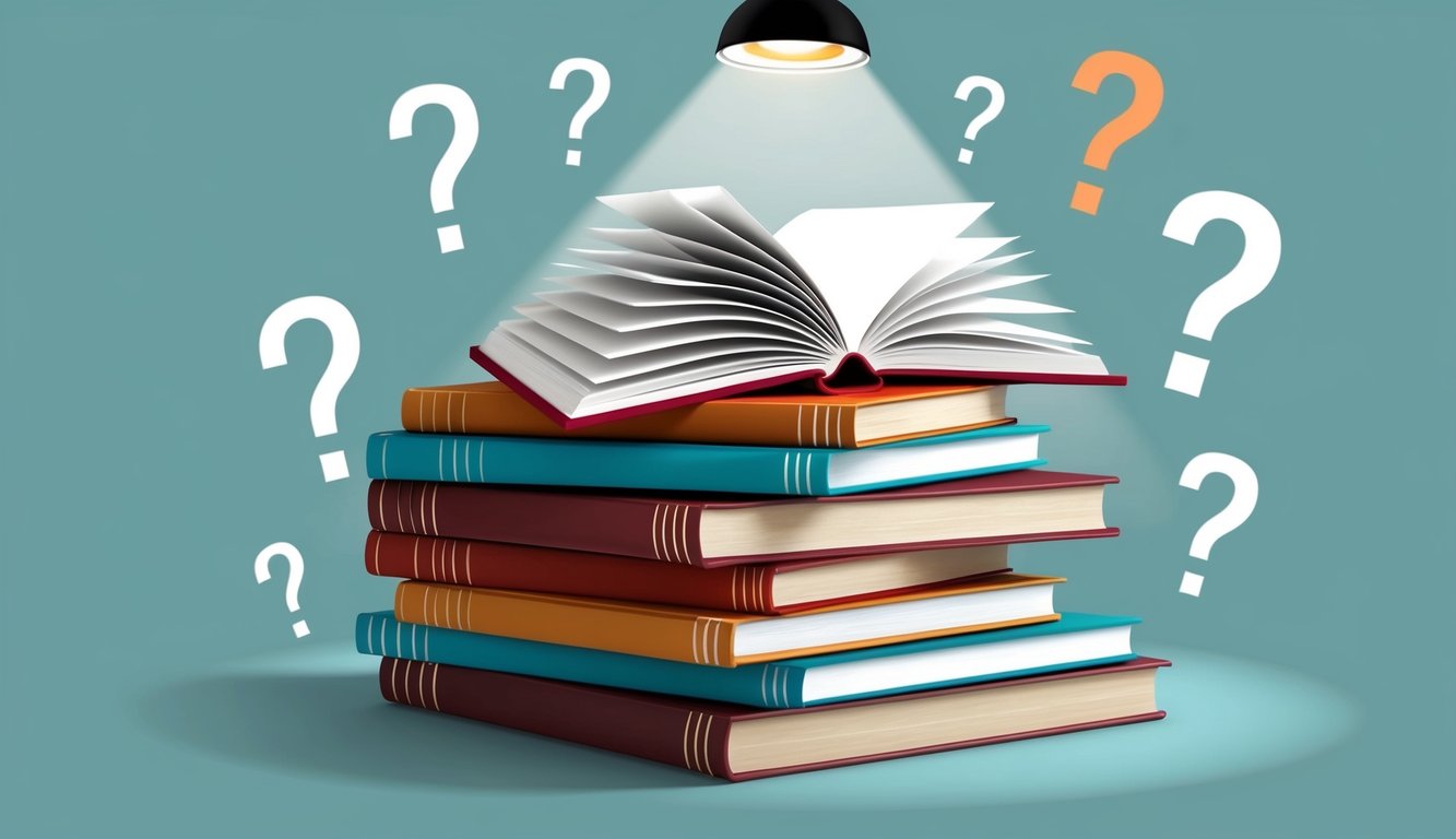 A stack of open books with a spotlight shining on them, surrounded by question marks and exclamation points