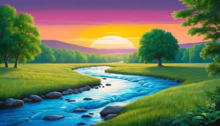 Scenic landscape with a river, trees, and a sunset sky