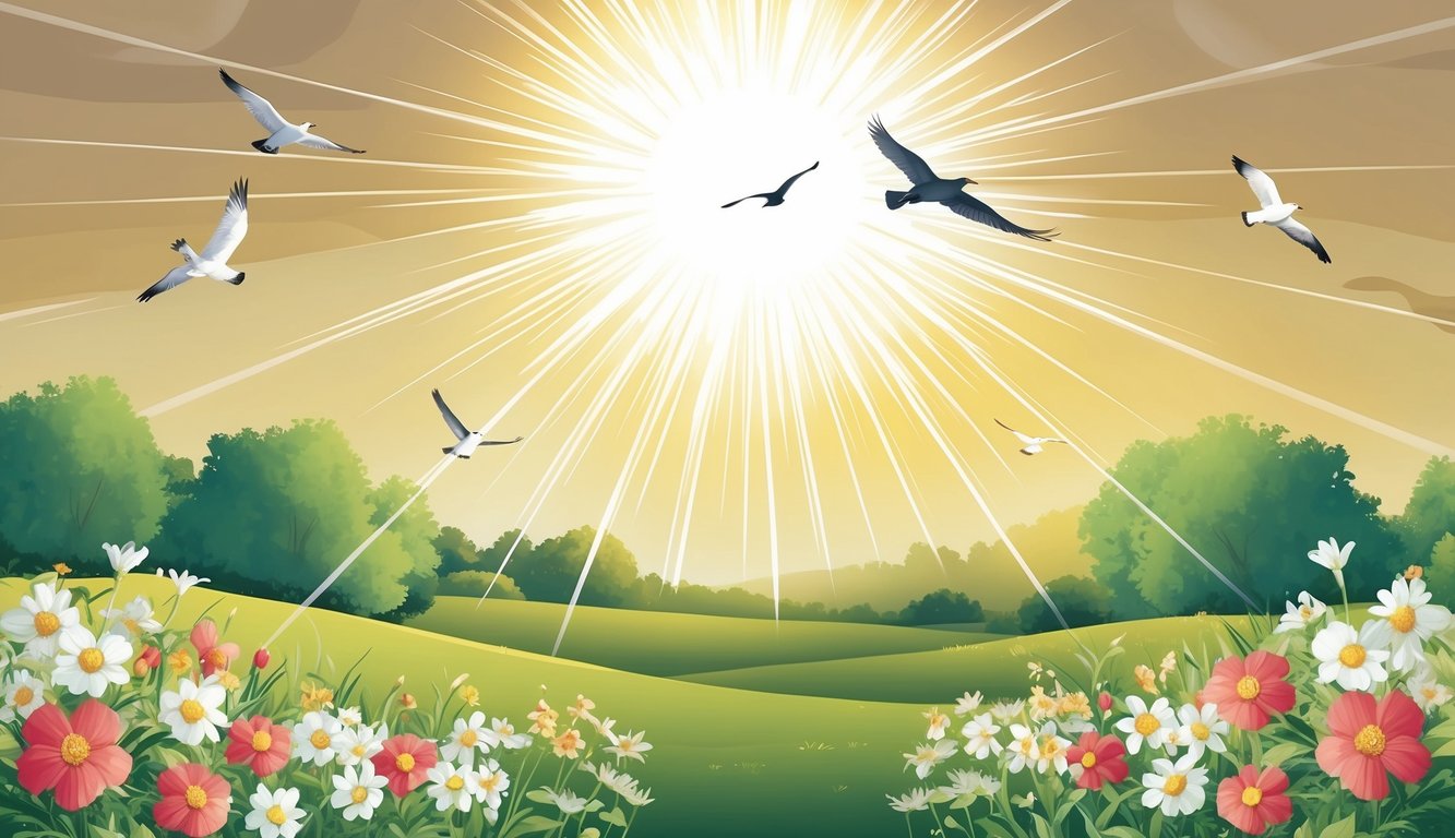 A radiant light shining down on a serene landscape, with birds soaring in the sky and flowers blooming on the ground