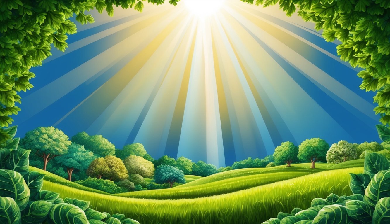 A radiant beam of light shining down on a lush, bountiful landscape