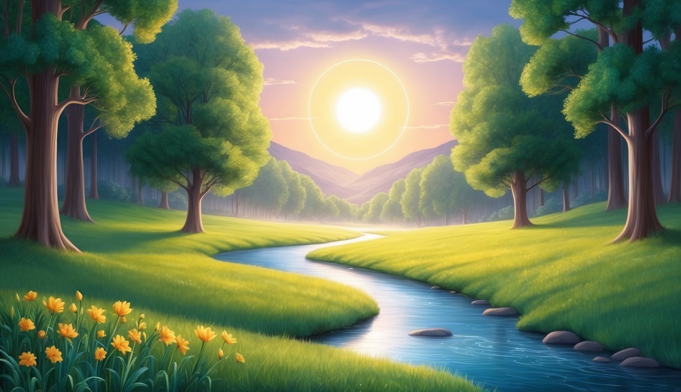 A serene landscape with a glowing sun shining down on a peaceful meadow, surrounded by tall trees and a flowing river