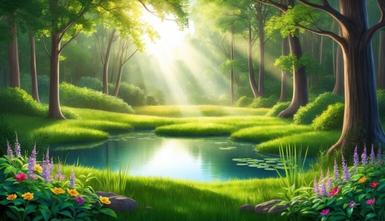 Lush forest scene with a pond, sunlight, and colorful wildflowers