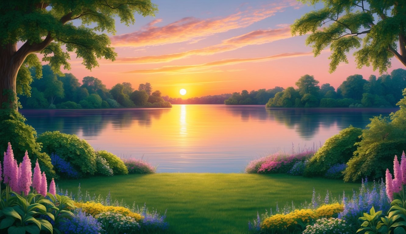 Sunset over a tranquil lake, surrounded by lush greenery and colorful flowers, with a sense of peace and serenity emanating from the scene