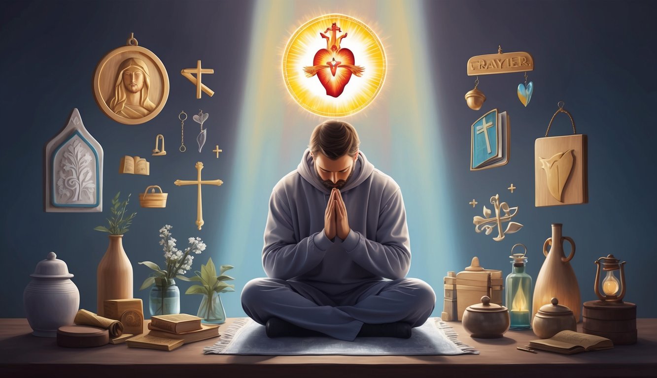 A person sitting in quiet prayer, surrounded by symbols of daily life, with a glowing image of the Sacred Heart of Jesus at the center