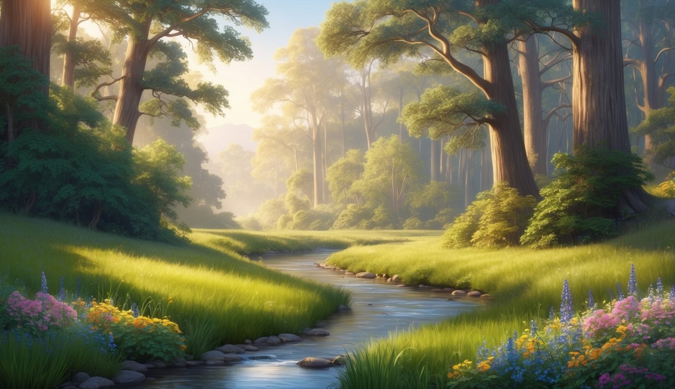 A tranquil forest glade with a gentle stream, surrounded by towering trees and colorful flowers, bathed in soft, golden sunlight