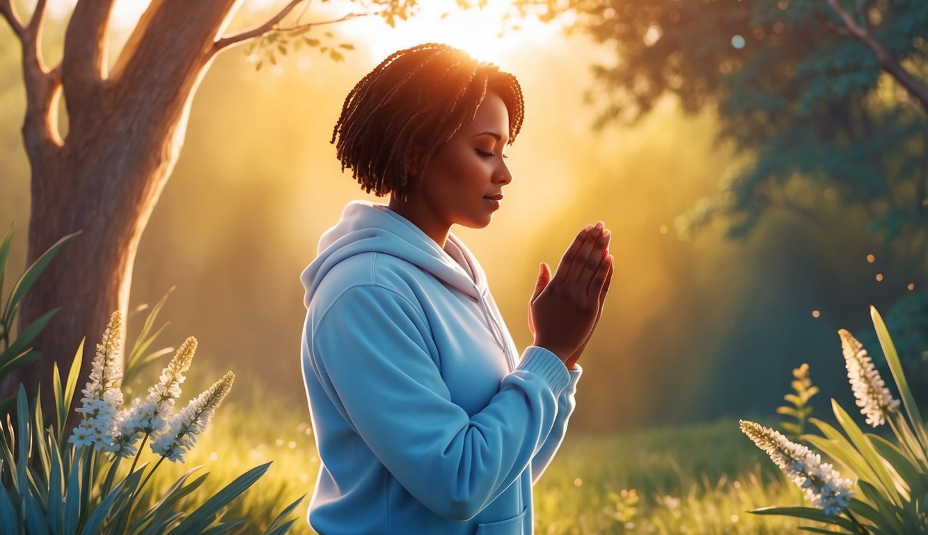 A person praying in a peaceful outdoor setting, surrounded by nature and bathed in warm sunlight