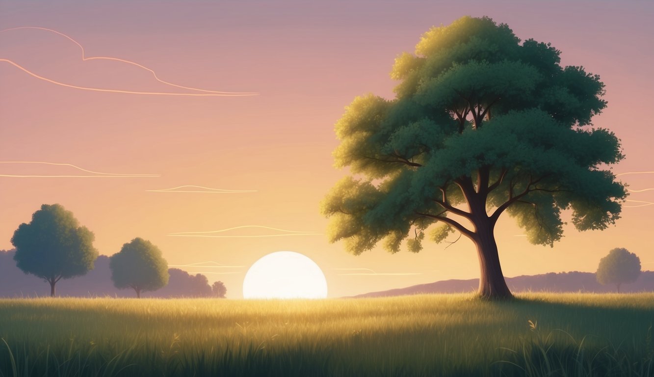 A serene and peaceful landscape with a glowing sunset and a prominent tree standing tall against the horizon