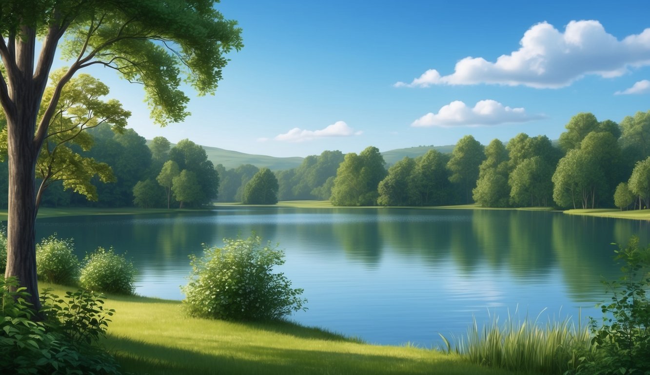 A serene, tranquil landscape with a still lake, surrounded by lush greenery and a clear blue sky overhead