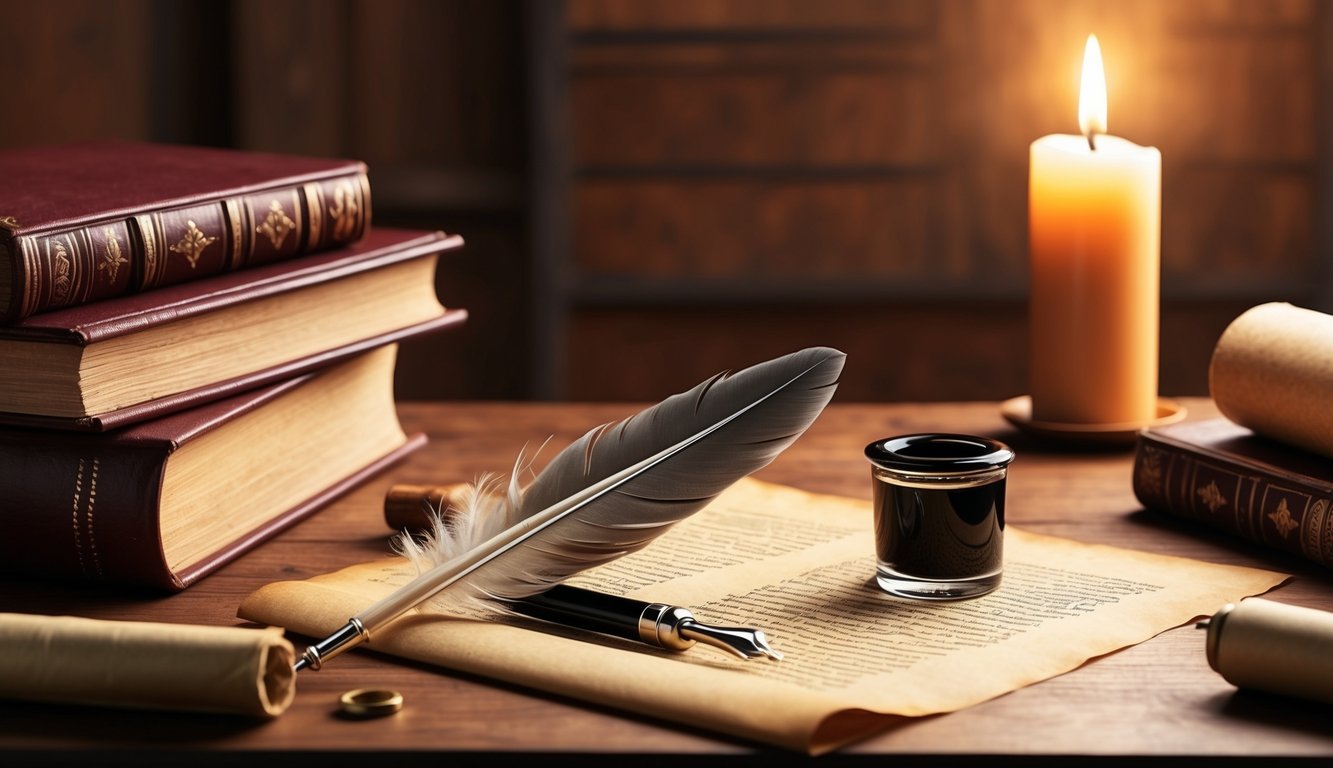 A quill pen, inkwell, and parchment on a wooden desk, surrounded by books and scrolls.</p><p>A candle flickers, casting a warm glow on the scene