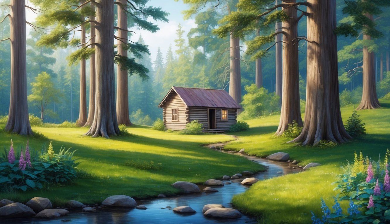 A peaceful forest clearing with a small, weathered cabin nestled among tall trees, surrounded by a gentle stream and vibrant flora