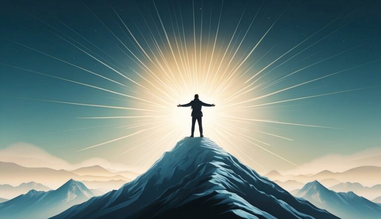 Man with arms outstretched on mountain peak, sunburst background