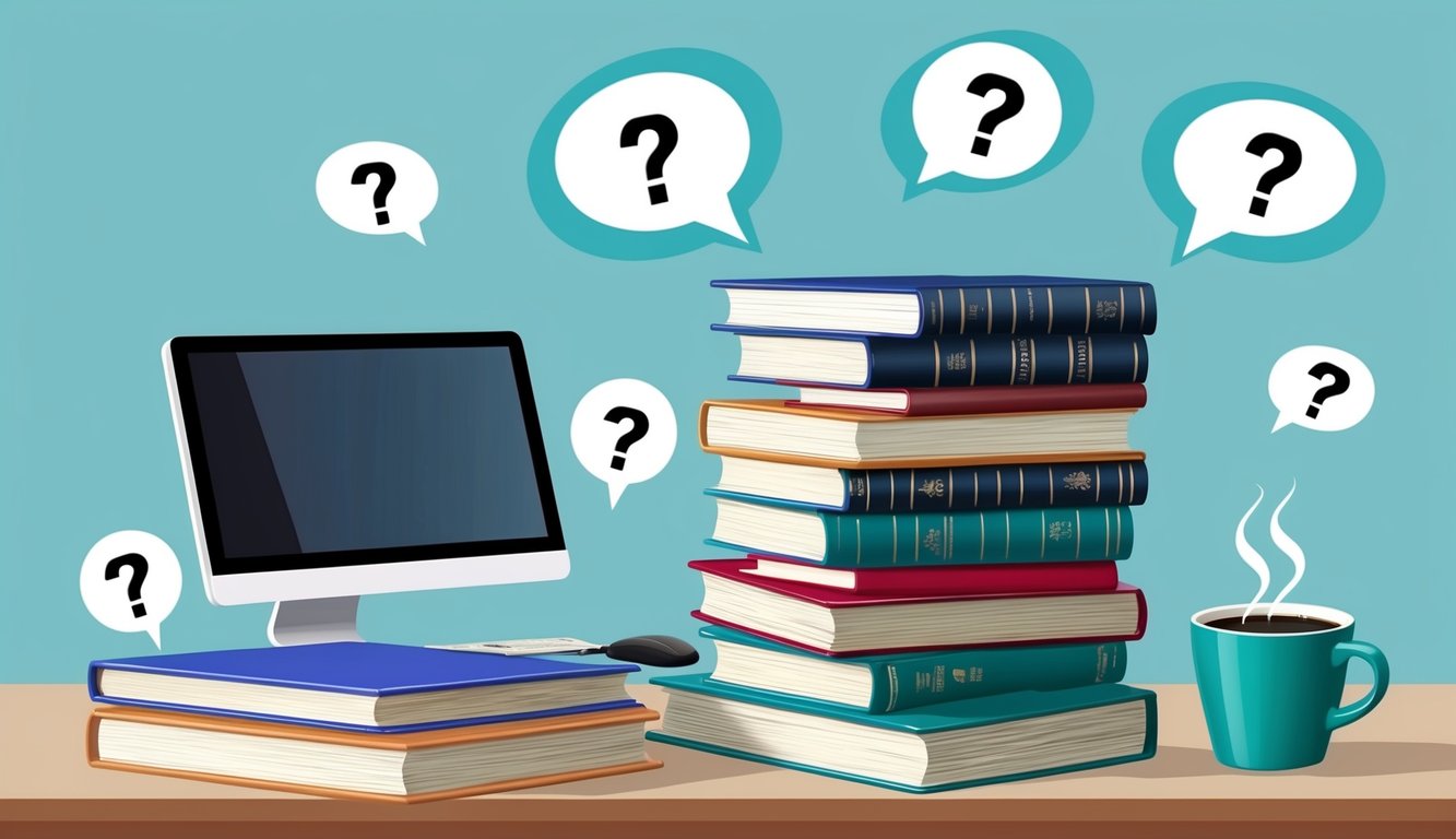 A stack of open books with a computer and a cup of coffee, surrounded by question marks and speech bubbles