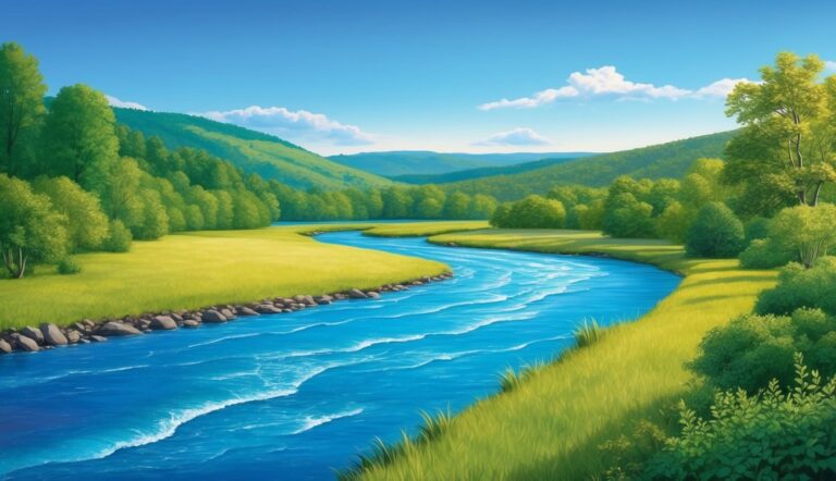 A blue river winds through a green landscape under a blue sky