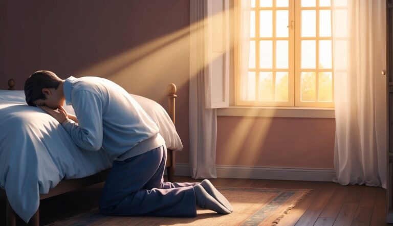 Man kneeling by bed, praying with sunlight streaming through window