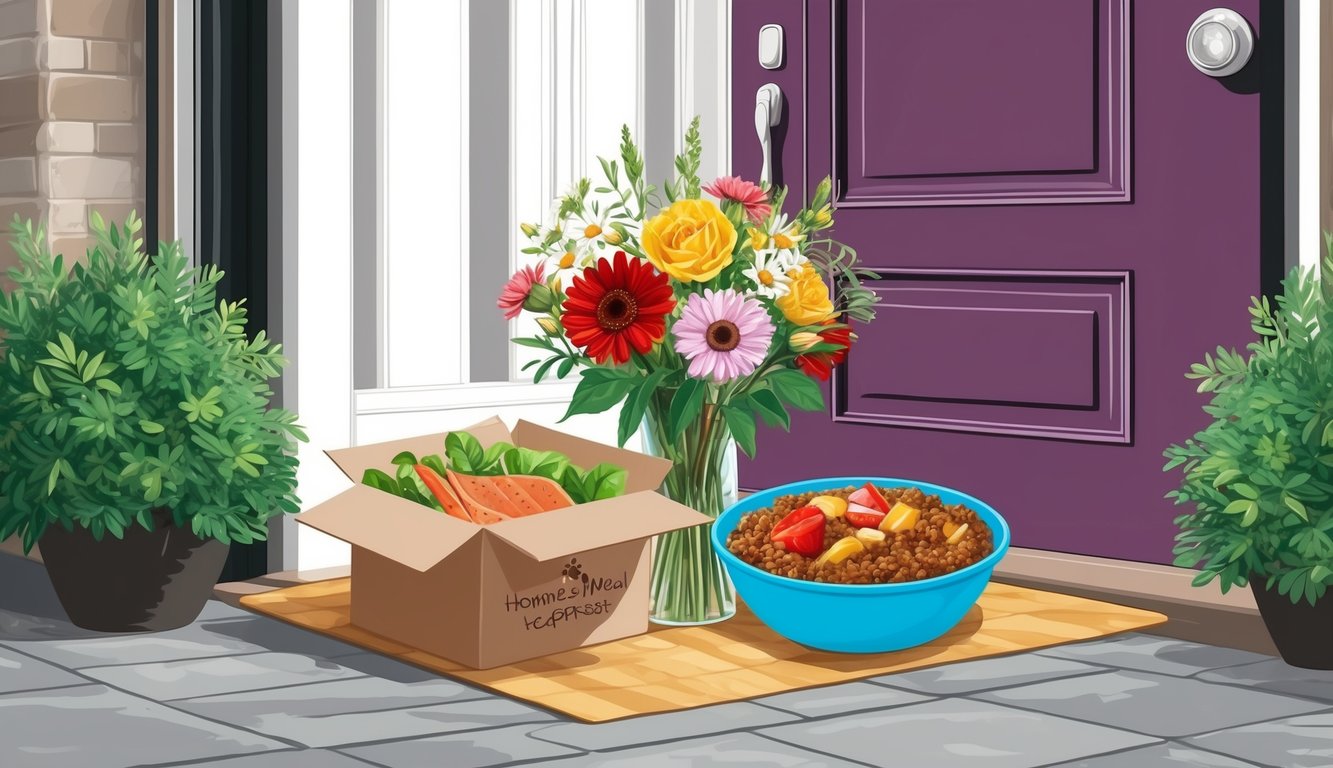 A bouquet of flowers and a homemade meal left on a doorstep