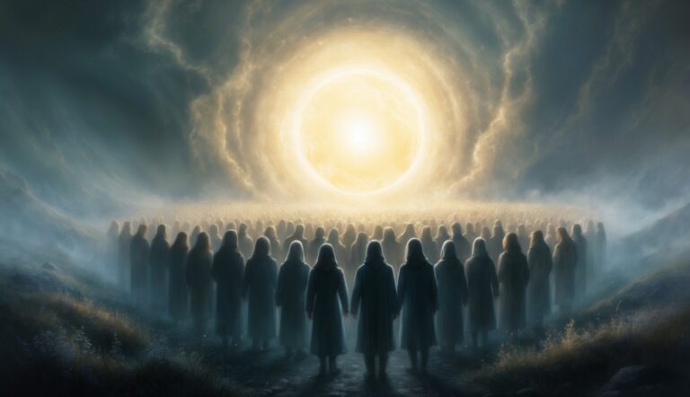 A large crowd of robed figures facing a bright, glowing light