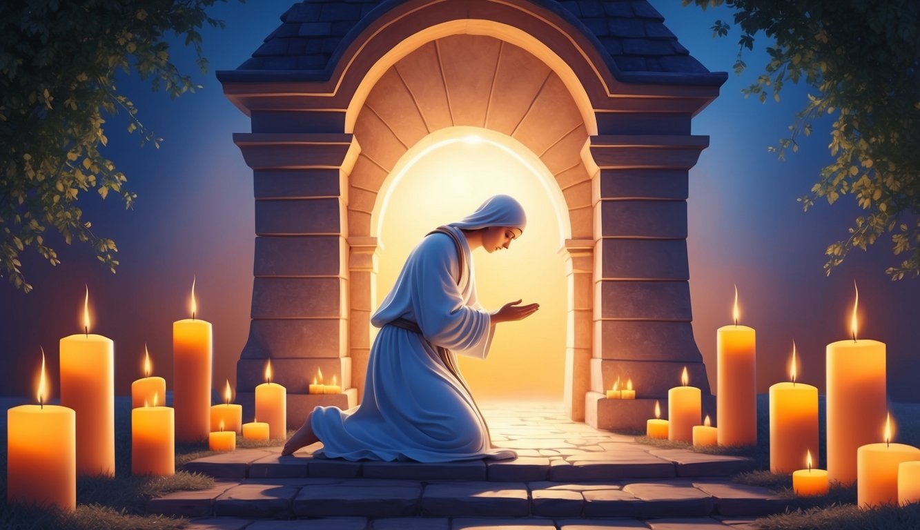 A serene figure kneels before a glowing gateway, surrounded by flickering candles and a peaceful atmosphere