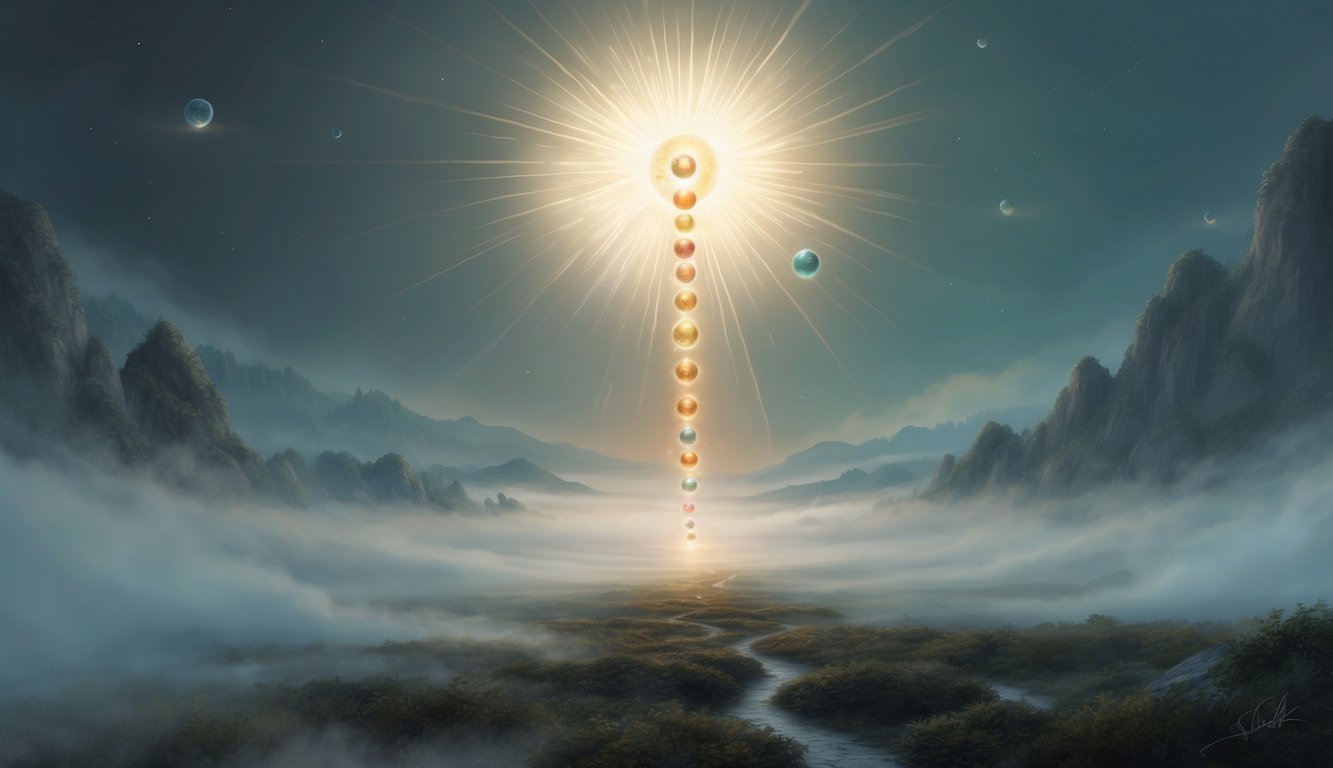 A group of glowing orbs ascend from a misty, ethereal landscape towards a radiant source of light