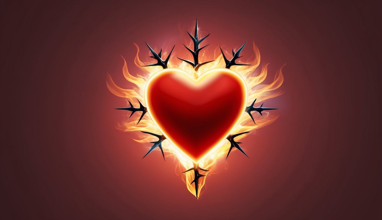 A glowing heart radiates light, surrounded by thorns and flames, symbolizing devotion and love