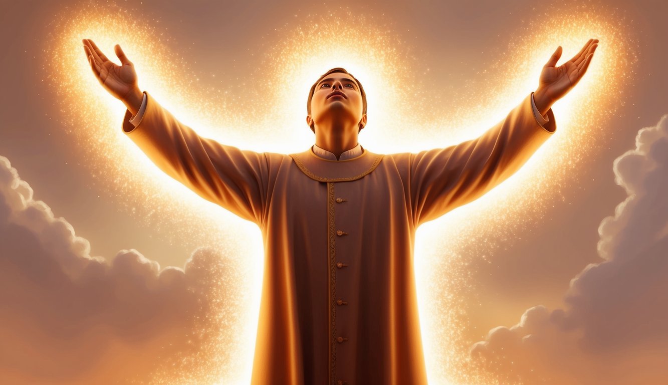 A figure surrounded by a warm, glowing light, with arms outstretched in prayer, looking up towards the heavens