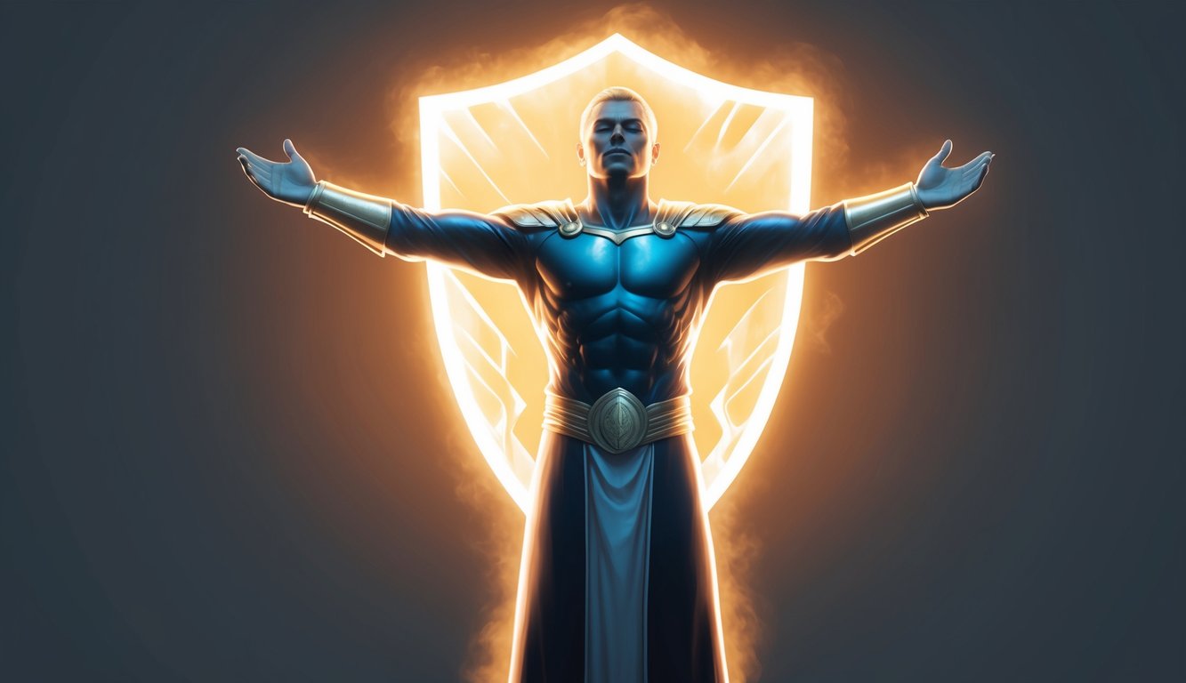 A figure surrounded by a glowing, translucent shield, standing with arms outstretched in a gesture of prayer