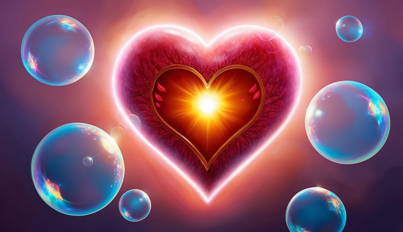 A glowing sacred heart surrounded by floating prayer bubbles