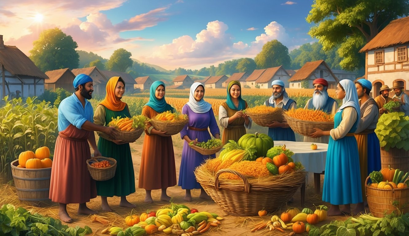 A bountiful harvest being shared among villagers in a peaceful, thriving community