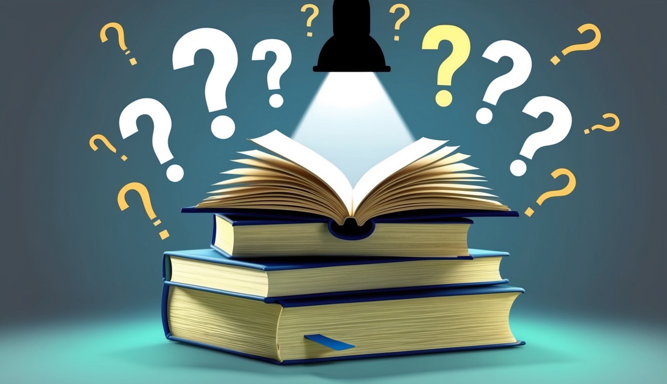 A stack of open books with a spotlight shining on one, surrounded by question marks and exclamation points