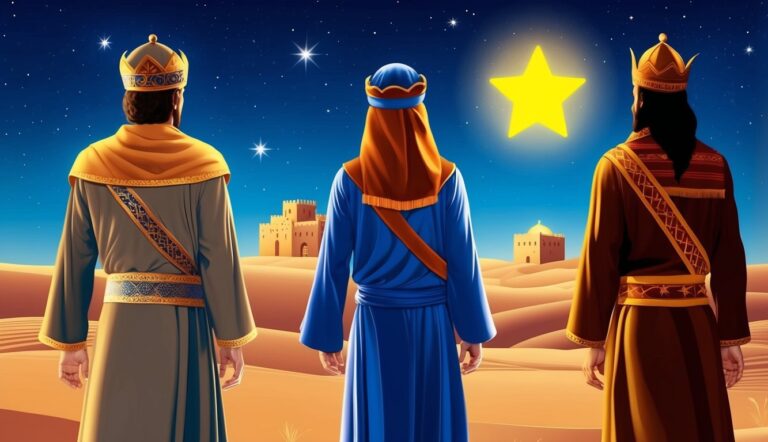 Three wise men following a bright star over a desert landscape