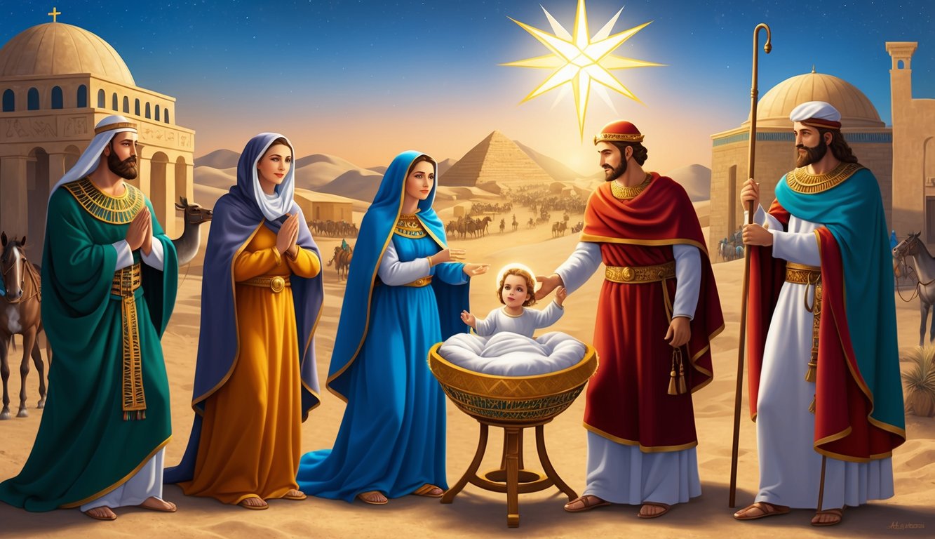 The Holy Family flees to Egypt, guided by a bright star, and later returns to Nazareth after Herod's death