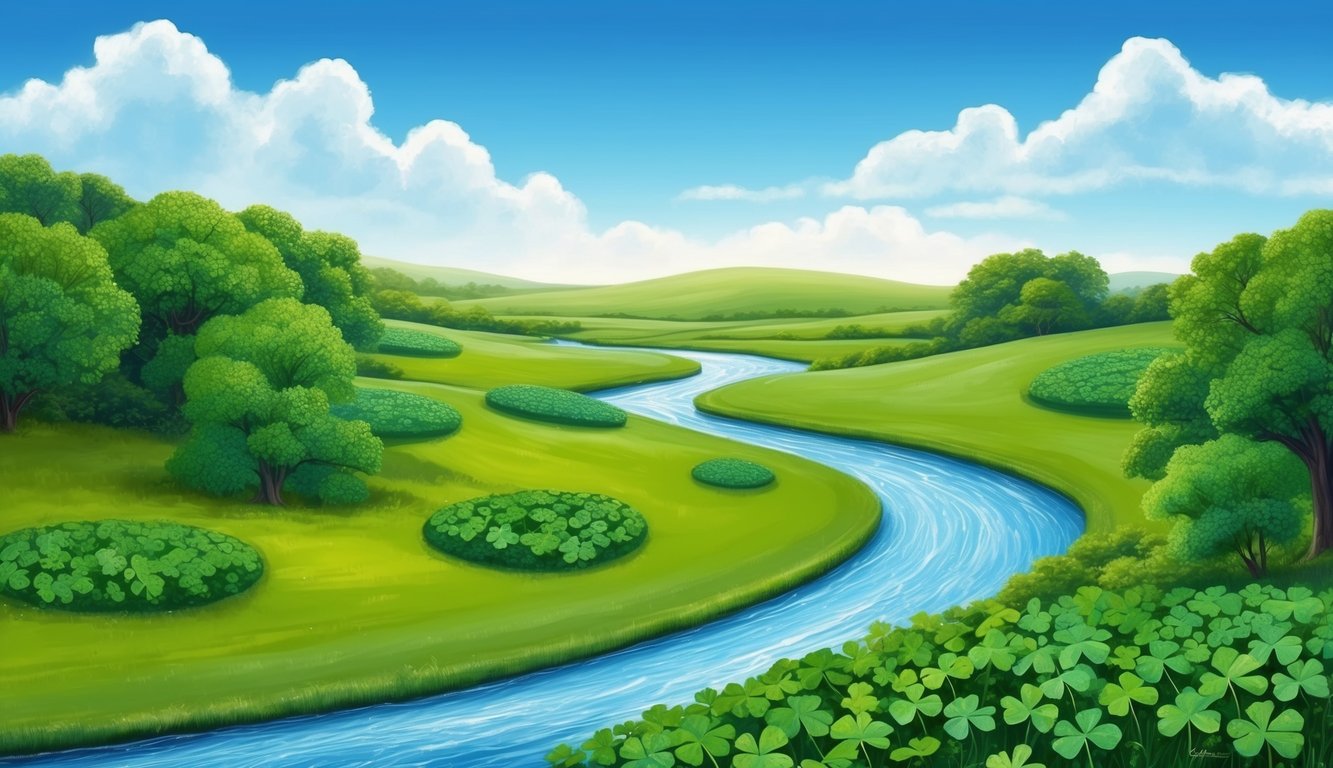 A lush green landscape with a winding river, clover patches, and a clear blue sky