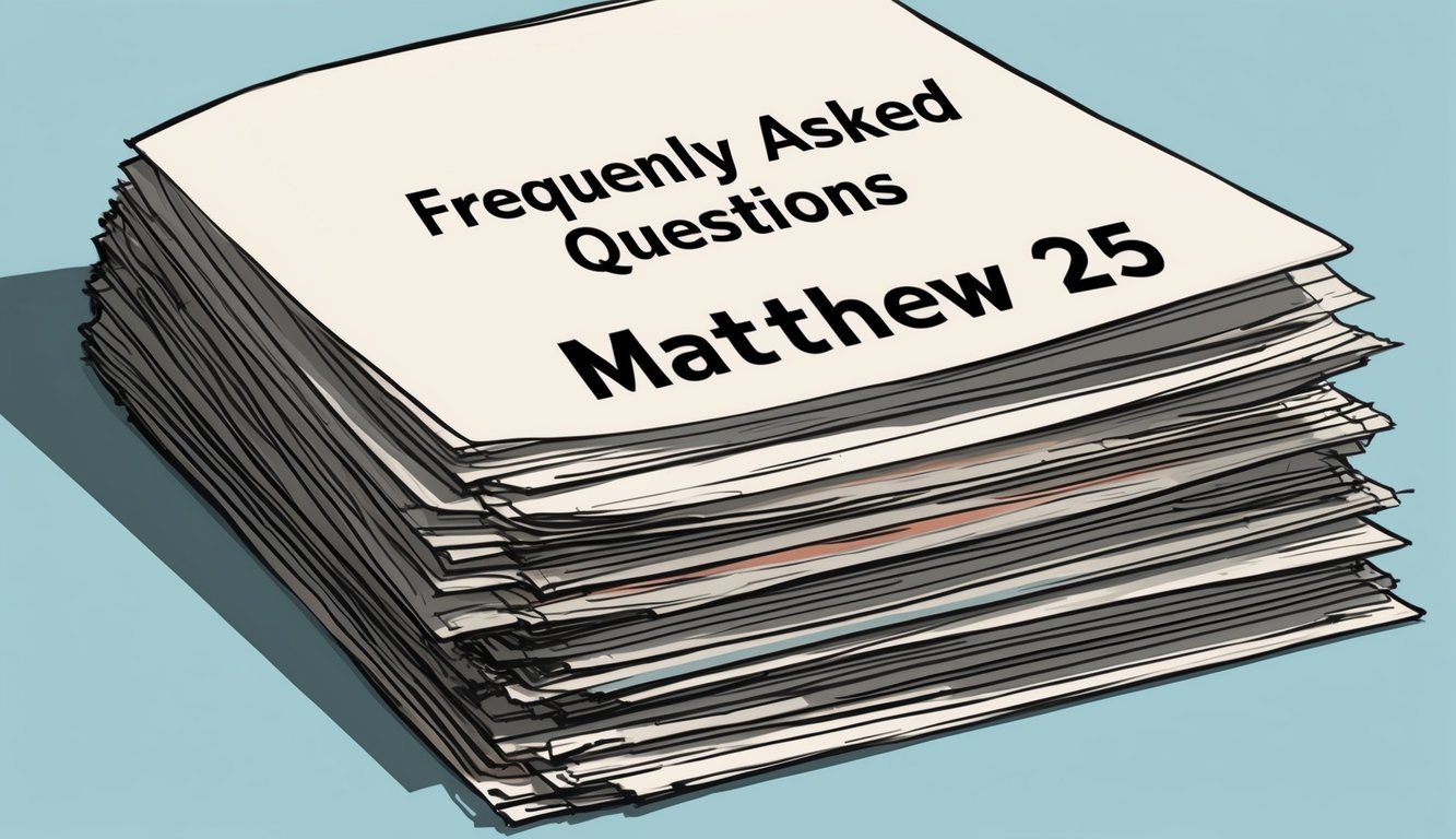 A stack of papers with "Frequently Asked Questions Matthew 25" on top