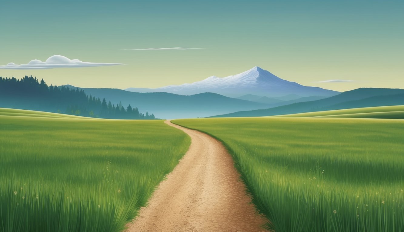 A serene landscape with a clear path leading through a green meadow towards a distant mountain